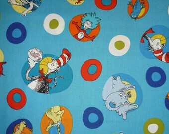 Celebrate Seuss Characters in Circles Blue Background Cotton Quilting Fabric 1/2 YARD