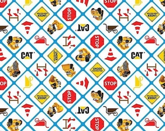 CAT Gebäude Crew Zeichen weiß Bulldozer s Trucks Baumwolle Quilten Stoff 1/2 YARD