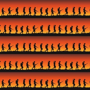 May include: Repeating pattern of black silhouettes of soldiers marching across a field against a gradient orange and yellow sky. Each soldier carries a rifle and backpack, with a grassy horizon.
