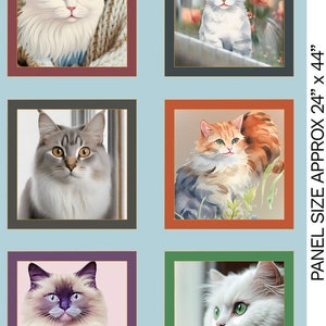 May include: A panel of fabric with a blue background and a border of paw prints. The panel features four framed images of cats. Each image has a different colored frame and a different cat breed. The panel is approximately 24 inches by 44 inches.