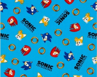 Sonic the Hedgehog Sonic with Rings Blau Baumwoll Quilting Stoff 1/2 YARD
