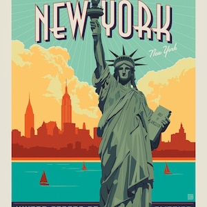 May include: A vintage travel poster featuring the Statue of Liberty in front of the New York City skyline. The poster has a blue, green, and orange colour scheme and the text "NEW YORK" in large, bold letters. The text "New York" appears in smaller letters below the large text. The text "UNITED STATES OF AMERICA" appears at the bottom of the poster.