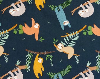 May include: A dark blue fabric with a repeating pattern of sloths in various colors and poses. The sloths are hanging from branches and leaves, and some are holding onto each other. The fabric is perfect for crafting projects, such as making bags, pillows, or clothing.