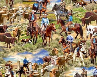 May include: A colourful pattern featuring cowboys riding horses and herding cattle. The scene is set in a grassy field with a blue sky and white clouds. The cowboys are wearing blue jeans and cowboy hats. The horses are brown, black, and white. The cattle are brown and white with long horns.