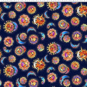 Celestial Magic Suns Navy Hintergrund Gold Metallic Baumwolle Quilting Stoff 1/2 YARD