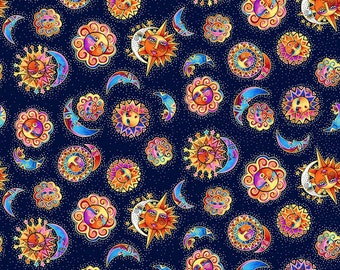 Celestial Magic Suns Navy Background Gold Metallic Cotton Quilting Fabric 1/2 YARD