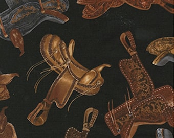 Wild Wild West Saddles Black Background Cotton Quilting Fabric 1/2 YARD