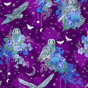 Mystic Moon Owls Midnight Purple Silver Metallic Highlights SRKM21634460 Cotton Quilting Fabric 1/2 YARD