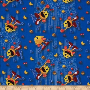 Pac-Man Tossed Blue Cotton Quilting Fabric 1/2 YARD