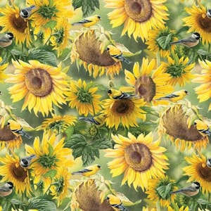 Beauty in Nature Finches Chickadees Sunflowers Cotton Quilting Fabric 1/2 YARD