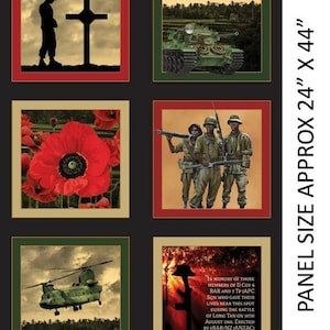 May include: A black and white fabric panel with a collage of images related to the Vietnam War. The images include a soldier standing by a cross, a tank, soldiers, a helicopter, and a silhouette of a soldier standing in front of a poppy field. The panel is 24 inches by 44 inches.