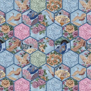 Japanische Eleganz Fans Blumen Kraniche Aufnäher 10402-X Quilting Stoff aus Baumwolle 1/2 YARD