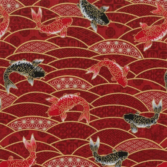 Beppu Koi Fish Red Metallic Highlights Cotton Quilting Fabric 1/2 YARD