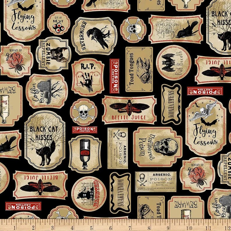 Nevermore Spooky Labels Skulls Spiders Headstones Cotton Quilting ...