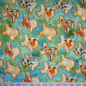 Texas Longhorn Vacas y Mapa Algodón Tejido Acolchado 1/2 YARDA