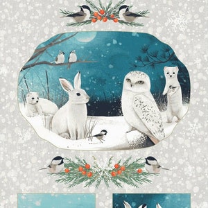 以下が含まれることがあります： 雪が降る森の中に、白いフクロウ、ウサギ、イタチがいます。シーンは、赤い実のついた常緑樹のリースで囲まれています。背景は薄いグレーで、雪の結晶模様になっています。