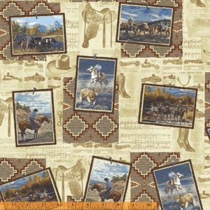 Cowboys Cavalli Occidentali Mountain Pass Cartoline Multi Cotton Trapunting Tessuto 1/2 YARD