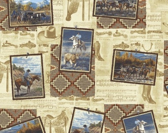Cowboys Western Pferde Bergpass Postkarten Multi Cotton Quilting Stoff 1/2 METER