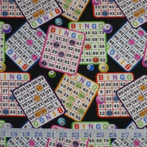 Cartes de bingo, fond noir, tissu à courtepointe en coton 103A, 1/2 yard