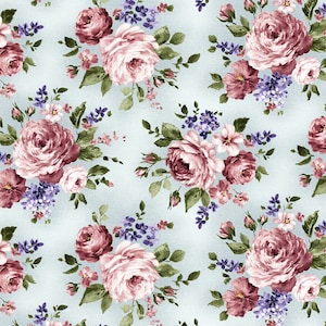Fragrante Rose Rosa Bouquet Blu Cotone Quilting Tessuto 1/2 YARD