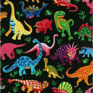 Dinosaur Dance Black Background Cotton Quilting Fabric 1/2 YARD