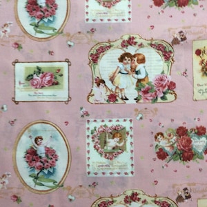 Viktorianischen Rose Vintage Postkarten rosa Baumwolle Quilten Stoff 1/2 YARD