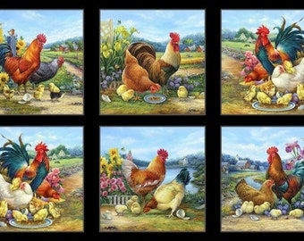 Joyful Countryside Roosters Hens Chickens Black Cotton Quilting Fabric Block Panel