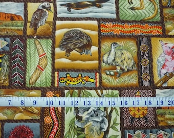 Australian Animal and Aboriginal Inspired Art Print Cotton Quilting Fabric 1/2 YARD