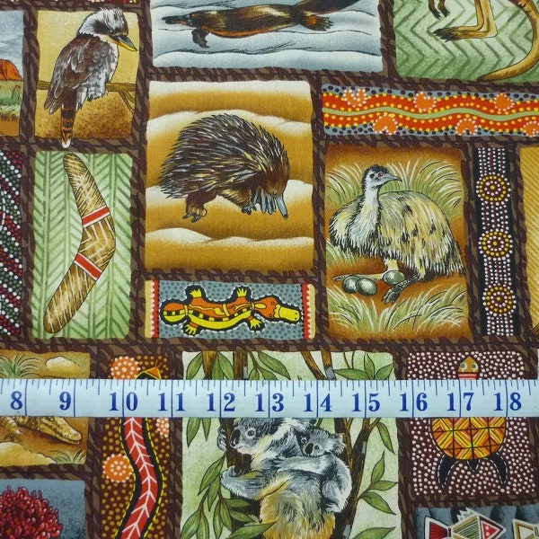 Australian Animal and Aboriginal Inspired Art Print Cotton Quilting Fabric 1/2 YARD