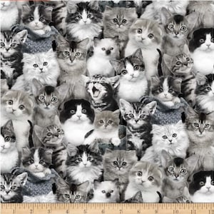Cat Breeds Packed Cats Grey Cotton Quilting Fabric 1/2 YARD