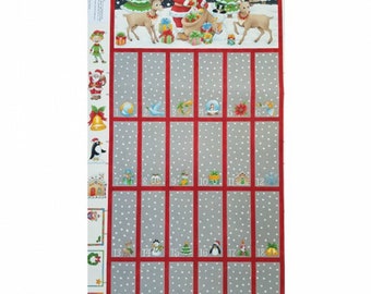May include: A gray and red Christmas advent calendar with 24 numbered windows. The top of the calendar features a snowy scene with Santa Claus, reindeer, and Christmas trees. The numbers 1 through 24 are visible in the windows.