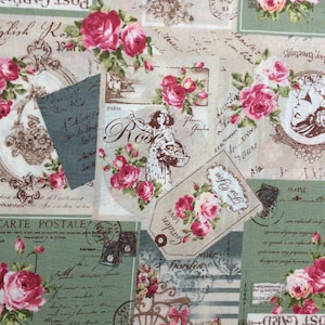 Tessuto per trapuntatura in cotone verde con bouquet floreale di rose Ruru Bouquet Suzonne, 1/2 YARD