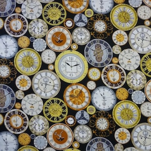 May include: Black fabric with a repeating pattern of gold and white clocks. The clocks have Roman numeral faces and are surrounded by intricate details.