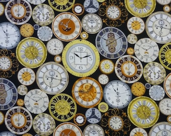 Victorian Vintage Clocks Cotton Quilting Fabric 1/2 YARD