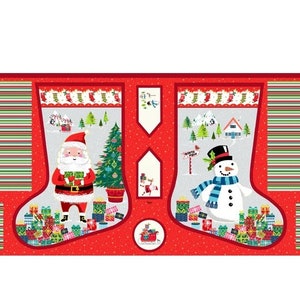 Santa and Snowman Christmas Stockings Cotton Quilting Fabric Panel
