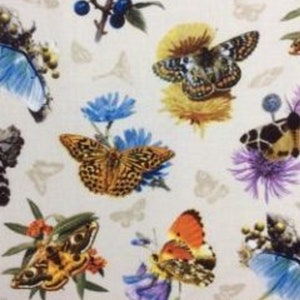 Butterflies Moths and Flowers Tossed Cream Cotton Quilting Fabric 1/2 YARD