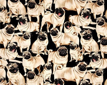 Pug Dog Black Background Cotton Quilting Fabric 1/2 YARD