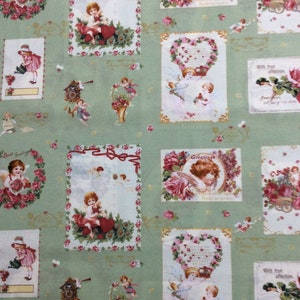 Viktorianischen Rose Vintage Postkarten grün Baumwolle Quilten Stoff 1/2 YARD