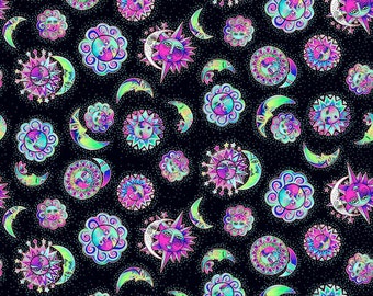 Celestial Magic Suns Black Background Gold Metallic Cotton Quilting Fabric 1/2 YARD
