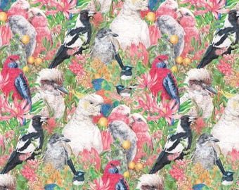 Australian Magpies Wrens Galahs Birds Allover Kayla Reay DV6451 Cotton Quilting Fabric 1/2 YARD