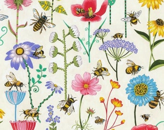 May include: A white background with a repeating pattern of colorful flowers and bees. The flowers are in various shades of pink, red, blue, and yellow. The bees are yellow and black.