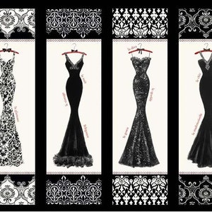 May include: Four black dresses on hangers with different patterns and styles. The dresses are labeled with French words: "la diva", "la nuit", "la mademoiselle", and "le chic".