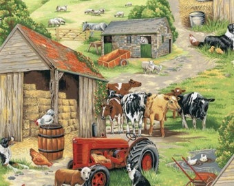 Farm Animals Cows Tractors Chickens Country Scene Cotton Quilting Fabric 1/2 YARD