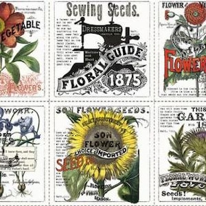 May include: A collection of vintage seed packet illustrations. The packets display botanical drawings of flowers, vegetables, and gardening tools. Text includes "Flower Seeds," "Floral Guide," and "Thistle Garden!" in a classic style.