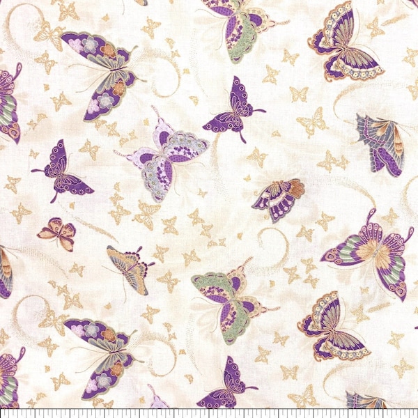 Majestic Amethyst Butterflies Cream Metallic Highlights CM8815-CREAM Cotton Quilting Fabric 1/2 YARD