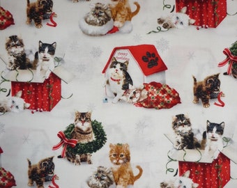 Fireside Kittens Cats Christmas Scenic Off White Cotton Quilting Fabric 1/2 YARD