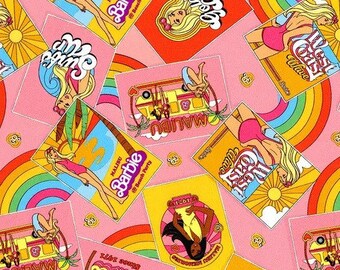 May include: Pink fabric with a repeating pattern of colorful illustrations of Barbie dolls, rainbows, and the words "Malibu" and "West Coast Wave".