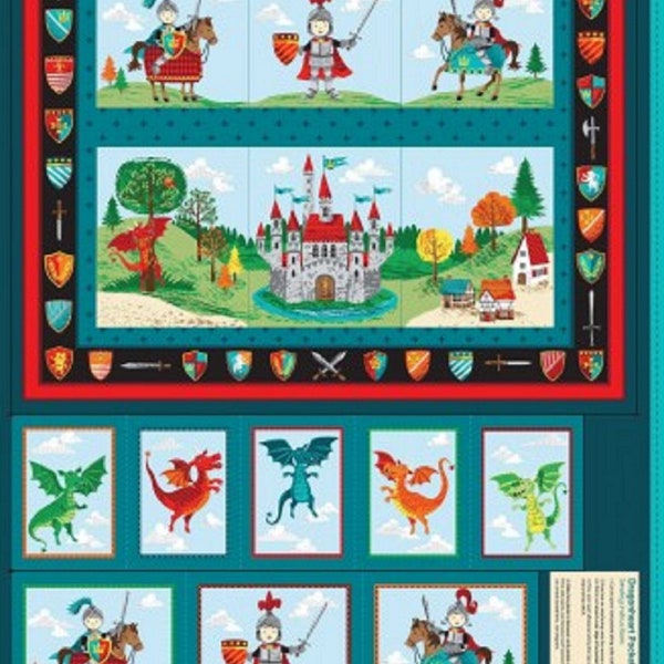 Dragonheart Knights Dragons Castles Cotton Quilting Fabric Pocket Panel