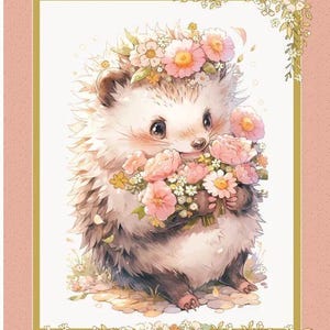 Könnte beinhalten: Aquarell-Illustration eines niedlichen Igels, der einen Strauß rosa Blumen hält. Der Igel trägt einen Blumenkranz und ist vor einem rosa Hintergrund mit floralem Rahmen platziert. Das Bild hat eine weiche, verspielte Ausstrahlung.