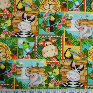 May include: A colourful fabric with a repeating pattern of jungle animals. The animals include a zebra, a lion, a toucan, a giraffe, an elephant, and a frog. The fabric is a light blue background with green leaves and pink flowers.